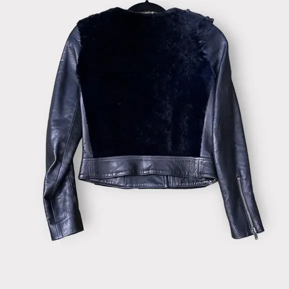 ALC Sadie Leather & Fur Jacket 0 Black Womens Moto Motorcycle Biker A.L.C. - Picture 3 of 9